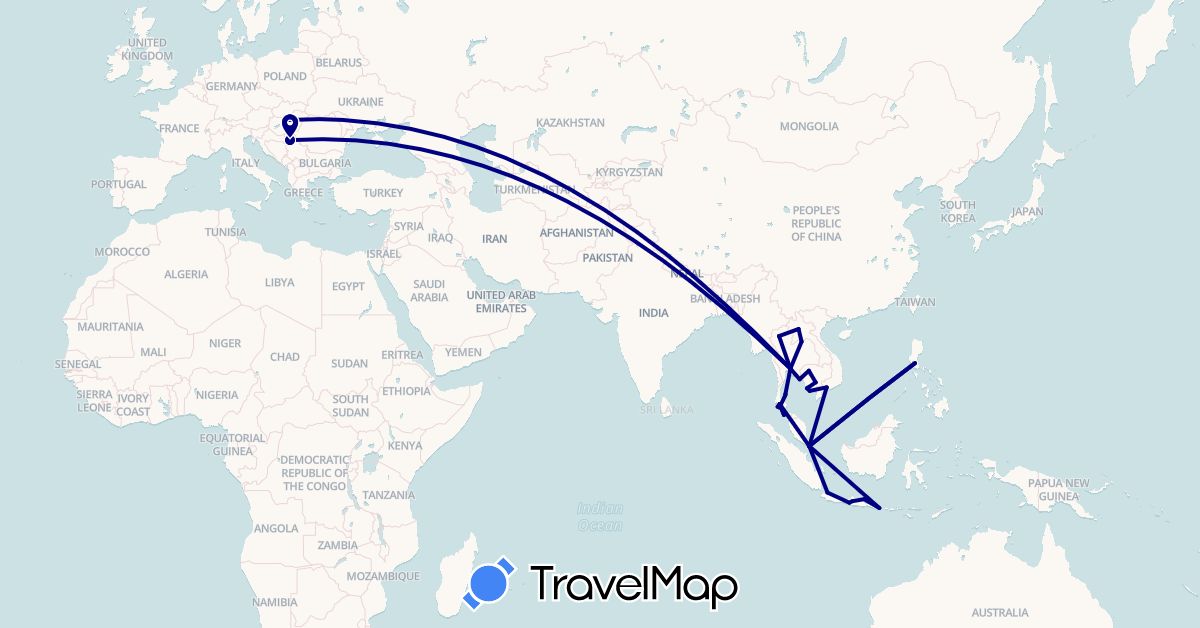 TravelMap itinerary: driving in Hungary, Indonesia, Cambodia, Laos, Malaysia, Philippines, Serbia, Singapore, Thailand, Vietnam (Asia, Europe)