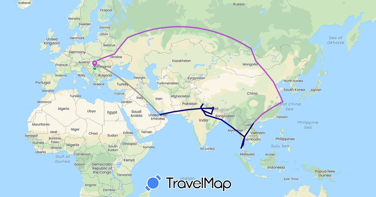 TravelMap itinerary: driving, bus, plane, train in United Arab Emirates, China, Hungary, India, Mongolia, Nepal, Serbia, Russia, Thailand, Ukraine, Vietnam (Asia, Europe)