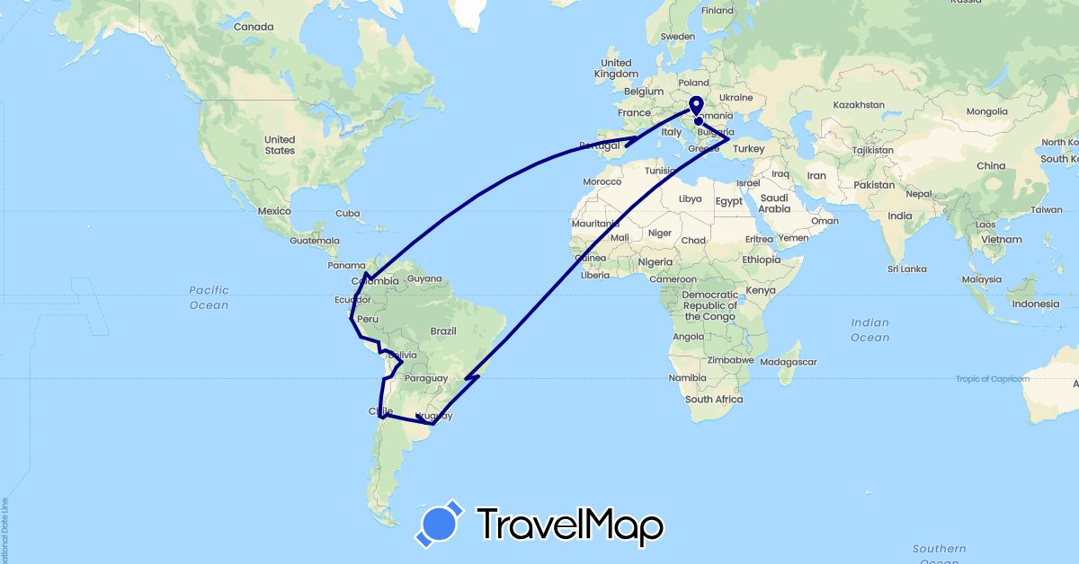 TravelMap itinerary: driving in Argentina, Bolivia, Brazil, Chile, Colombia, Ecuador, Spain, Hungary, Peru, Serbia, Turkey, Uruguay (Asia, Europe, South America)