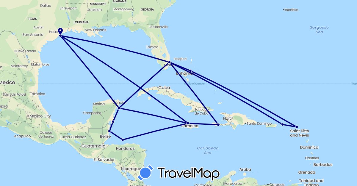 TravelMap itinerary: driving in Bahamas, Belize, Honduras, Haiti, Jamaica, Mexico, Netherlands, United States (Europe, North America)