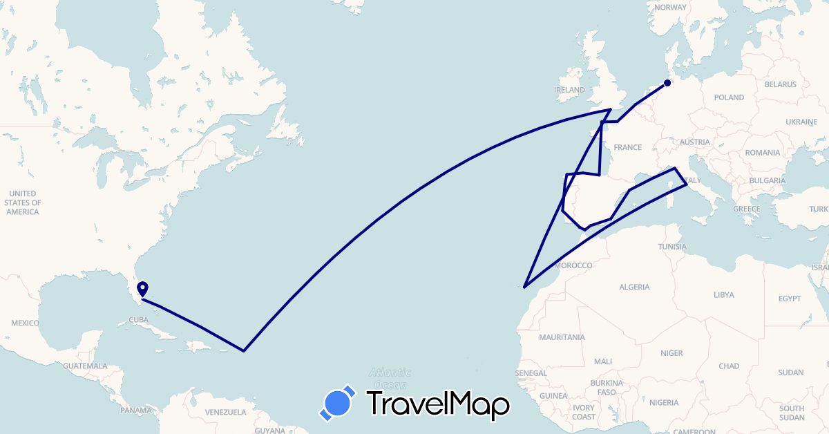 TravelMap itinerary: driving in Belgium, Bahamas, Germany, Spain, France, United Kingdom, Guernsey, Gibraltar, Italy, Netherlands, Portugal, United States (Europe, North America)